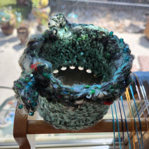 Basket decoration, hand crocheted with wood round base, 4in diameter and 3 tall. - Picture 3 of 4